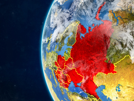 Eastern Europe from space on model of planet Earth with country borders and very detailed planet surface and clouds. 3D illustration.の写真素材