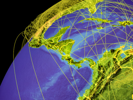 Central America from space on Earth with lines representing international connections,...