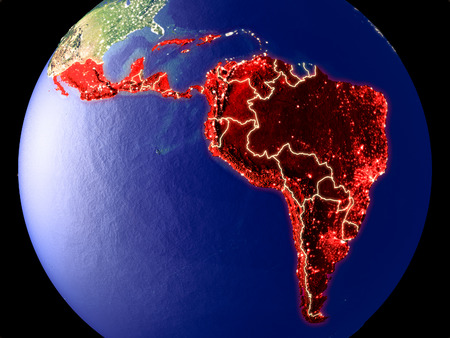 Latin America from space on Earth at night. Very fine detail of the plastic planet surface with bright city lights. 3D illustration.の写真素材