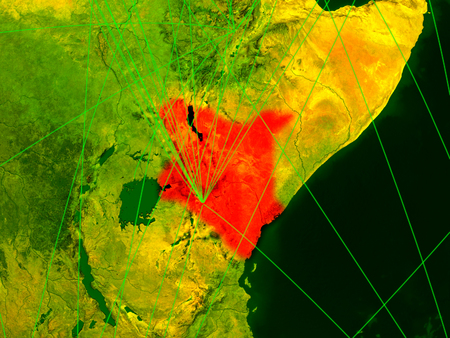 Kenya on digital map with networks. Concept of international travel, communication and technology. 3D illustration.の写真素材