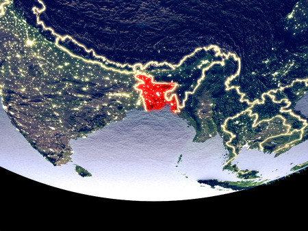 Satellite view of Bangladesh from space at night. Beautifully detailed plastic planet surface with visible city lights. 3D illustration.の写真素材