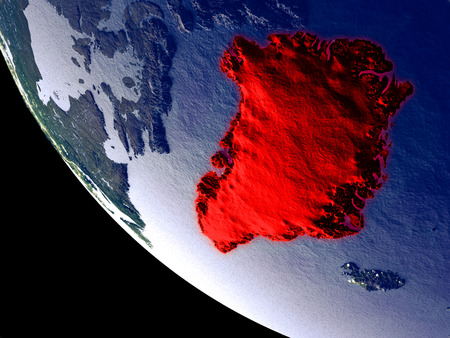 Orbit view of Greenland at night with bright city lights. Very detailed plastic planet surface. 3D illustration.の写真素材