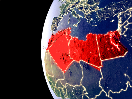 Night view of North Africa from space with visible city lights. Very detailed plastic planet surface. 3D illustration.の写真素材