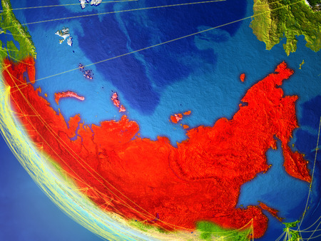 Russia on planet Earth from space with network. Concept of international communication, technology and travel. 3D illustration.の写真素材