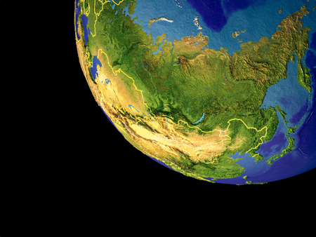Asia from space on Earth with country borders. Very detailed plastic planet surface and blue oceans with ripples and waves. 3D illustration.の写真素材