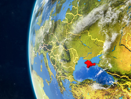 Crimea from space on model of planet Earth with country borders and very detailed planet surface and clouds. 3D illustration.の写真素材