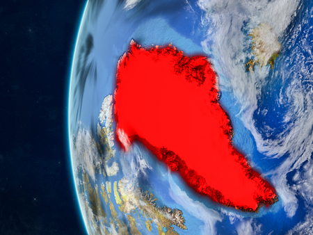 Greenland from space on model of planet Earth with country borders and very detailed planet surface and clouds. 3D illustration.の写真素材