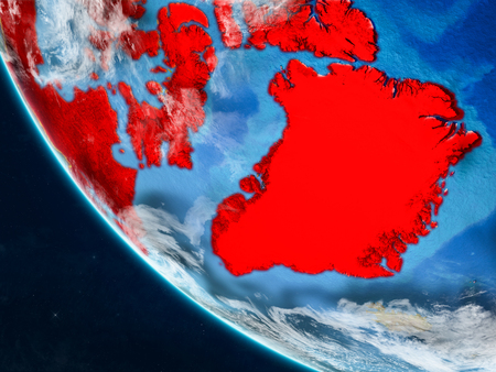 Greenland on planet Earth from space with country borders. Very fine detail of planet surface and clouds. 3D illustration.の写真素材