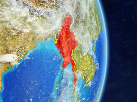Myanmar on planet planet Earth with country borders. Extremely detailed planet surface and clouds. 3D illustration.の写真素材