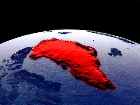 Greenland from space on planet Earth at night with bright city lights. Detailed plastic planet surface with real mountains. 3D illustration.の写真素材