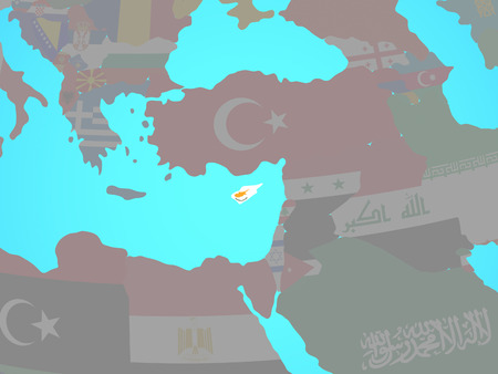 Cyprus with national flag on blue political globe. 3D illustration.の写真素材