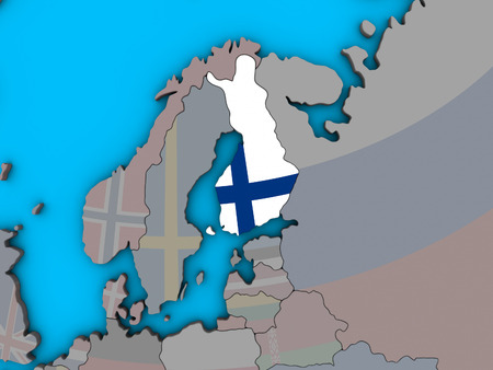 Finland with embedded national flag on blue political 3D globe. 3D illustration.の写真素材