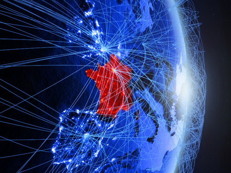 France on blue digital planet Earth with network. Concept of connectivity, travel and communication. 3D illustration.の写真素材