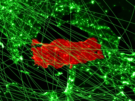 Turkey on green map with networks. Concept of international travel, communication and technology. 3D illustration.の写真素材