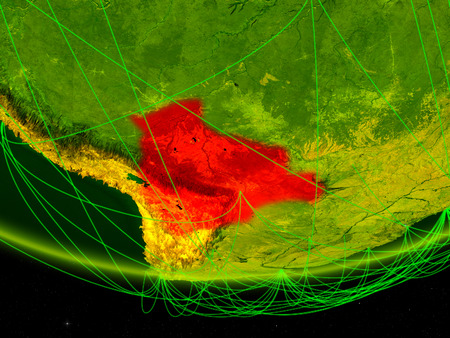 Bolivia on green model of planet Earth with network representing digital age, travel and communication. 3D illustration.の写真素材