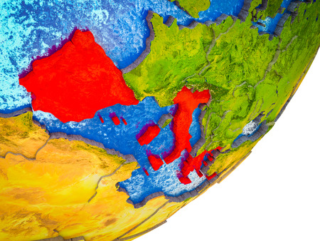 Southern Europe on 3D model of Earth with water and divided countries. 3D illustration.の写真素材