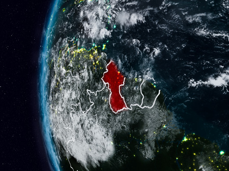 Guyana at night with visible country borders. 3D illustration.の写真素材