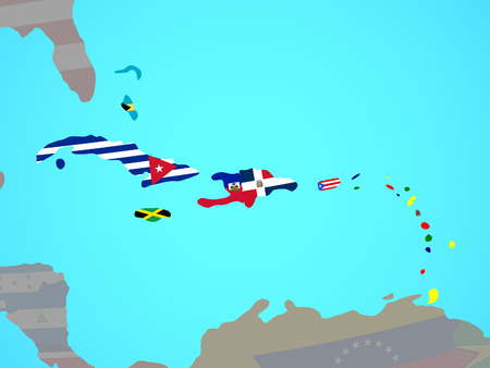 Caribbean with national flags on blue political globe. 3D illustration.の写真素材