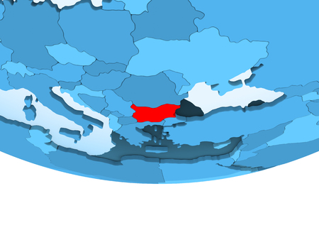 Illustration of Bulgaria highlighted in red on blue globe with transparent oceans. 3D illustration.の写真素材
