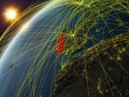 Portugal on model of planet Earth with network and international networks. Concept of digital communication and technology. 3D illustration.の写真素材