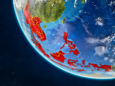 South East Asia on planet Earth from space with country borders. Very fine detail of planet surface and clouds. 3D illustration.の写真素材