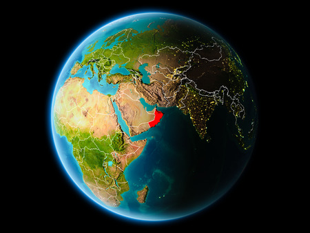 Oman from orbit of planet Earth at night with highly detailed surface textures with visible border lines and city lights. 3D illustration.の写真素材