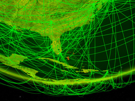 Bahamas on green model of planet Earth with network representing digital age, travel and communication. 3D illustration.の写真素材