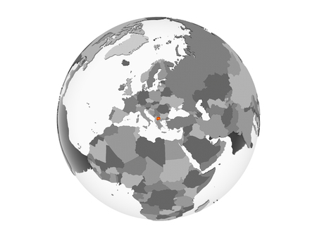 Macedonia on gray political globe with embedded flag. 3D illustration isolated on white background.の写真素材
