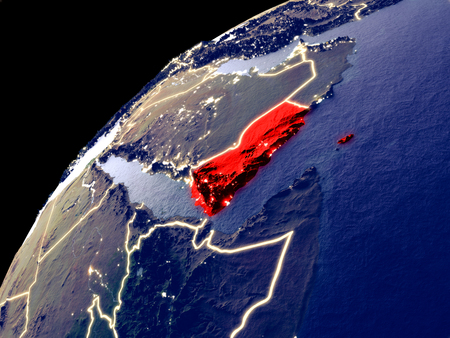 Satellite view of Yemen on Earth with city lights. Extremely detailed plastic planet surface with real mountains. 3D illustration.の写真素材
