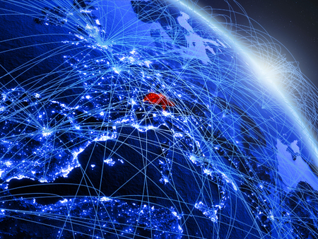 Switzerland from space on model of blue digital planet Earth. Concept of blue digital technology, connectivity and travel. 3D illustration.の写真素材