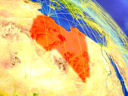 Libya from space on model of planet Earth with network. Concept of digital technology, connectivity and travel. 3D illustration.の写真素材
