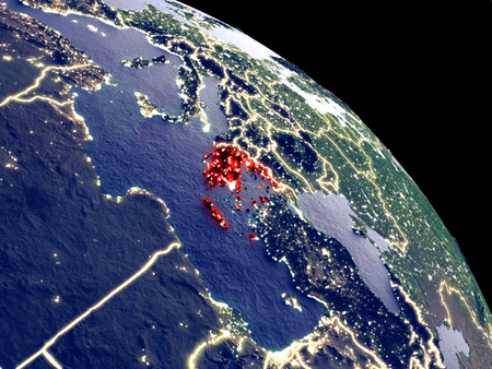 Greece at night from orbit. Plastic planet surface with visible city lights. 3D illustration.の写真素材