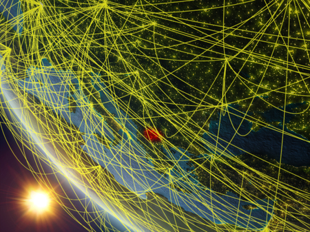 Macedonia on planet Earth from space with network. Concept of international communication, technology and travel. 3D illustration.の写真素材
