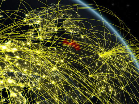 Latvia from space on model of planet Earth at night with network. Concept of digital technology, connectivity and travel. 3D illustration.の写真素材