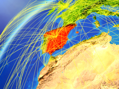 Spain on model of planet Earth with international networks. Concept of digital communication and technology. 3D illustration.の写真素材