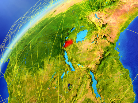 Rwanda on model of planet Earth with international networks. Concept of digital communication and technology. 3D illustration.の写真素材