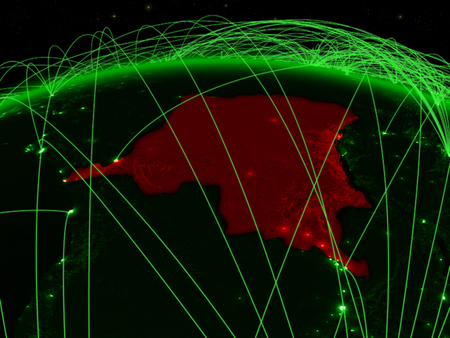 Dem Rep of Congo on green planet Earth with international network representing communication, travel and connections. 3D illustration.の写真素材