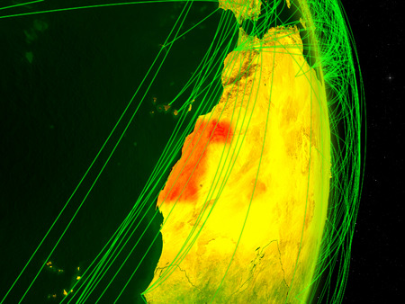 Western Sahara on digital planet Earth with network. Concept of connectivity, travel and communication. 3D illustration.の写真素材