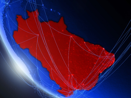 Brazil on blue digital planet Earth from space with network. Concept of international communication, technology and travel. 3D illustration.の写真素材