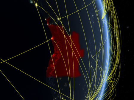 Angola at night on planet planet Earth with network. Concept of connectivity, travel and communication. 3D illustration.の写真素材