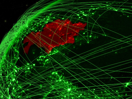 Kazakhstan on model of green planet Earth with international networks. Concept of green communication and technology. 3D illustration.の写真素材