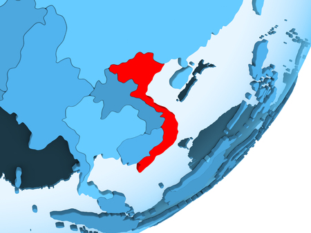 Vietnam in red on blue political globe with transparent oceans. 3D illustration.の写真素材