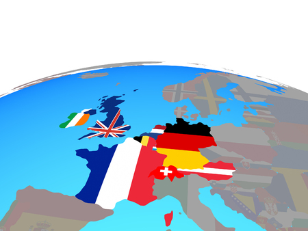 Western Europe with national flags on political globe. 3D illustration.の写真素材