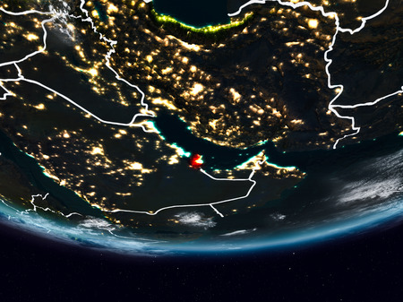 Qatar on Earth at night with visible country borders. 3D illustration.の写真素材