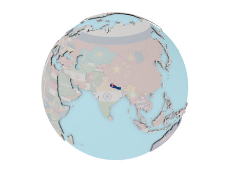 Nepal on political globe with embedded flags. 3D illustration isolated on white background.の写真素材