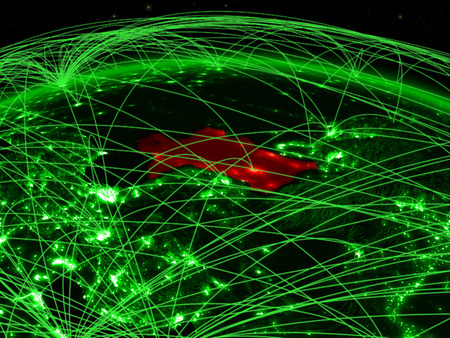 Turkmenistan on green planet Earth with international network representing communication, travel and connections. 3D illustration.の写真素材