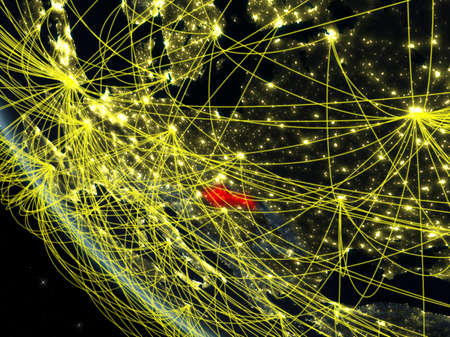 Slovakia on planet Earth from space at night with network. Concept of international communication, technology and travel. 3D illustration.の写真素材