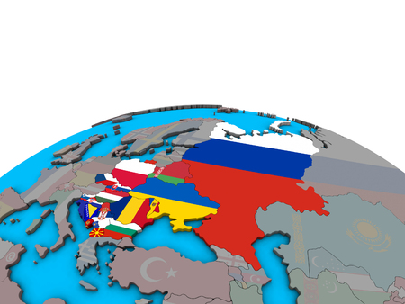 Eastern Europe with embedded national flags on political 3D globe. 3D illustration.の写真素材