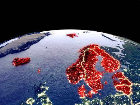 Northern Europe from space on planet Earth at night with bright city lights. Detailed plastic planet surface with real mountains. 3D illustration.の写真素材