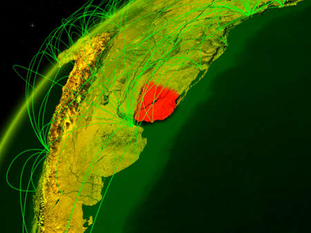Uruguay on model of green planet Earth with international networks. Concept of digital communication and technology. 3D illustration.の写真素材